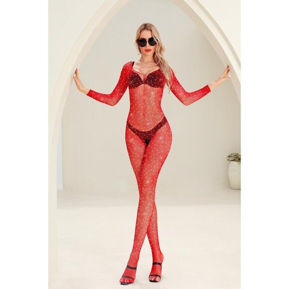 🆕Women Red Classic Fishnet Body Stocking Lingerie Sparkle Stocking One Piece - Picture 2 of 7